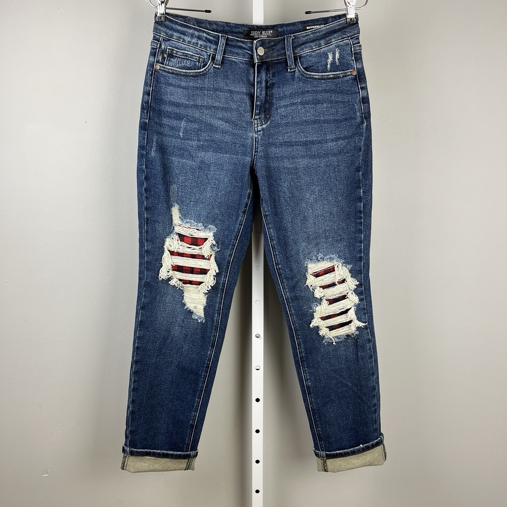 Judy Blue Buffalo Plaid Patch Jeans Womens‎ 7/28 Boyfriend Fit Cuffed Distressed